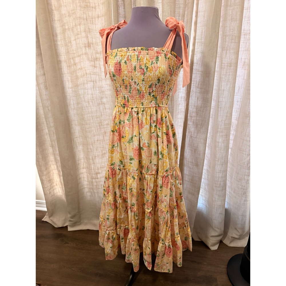 Storia Yellow Floral Smocked Maxi Dress Tie Strap Tiered JD5855 Womens Large NWT